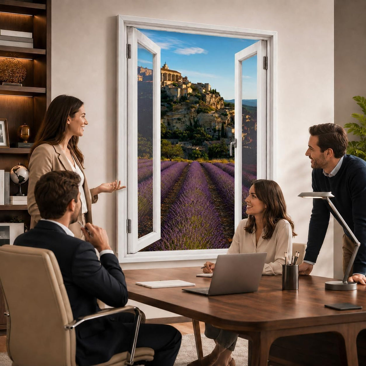 Idée d'usage dans un bureau : la vue sur Gordes ouvre le mur comme une vraie fenêtre, style de fenêtre au choix, toile canvas ou plexiglas, livré chez vous (exemple)