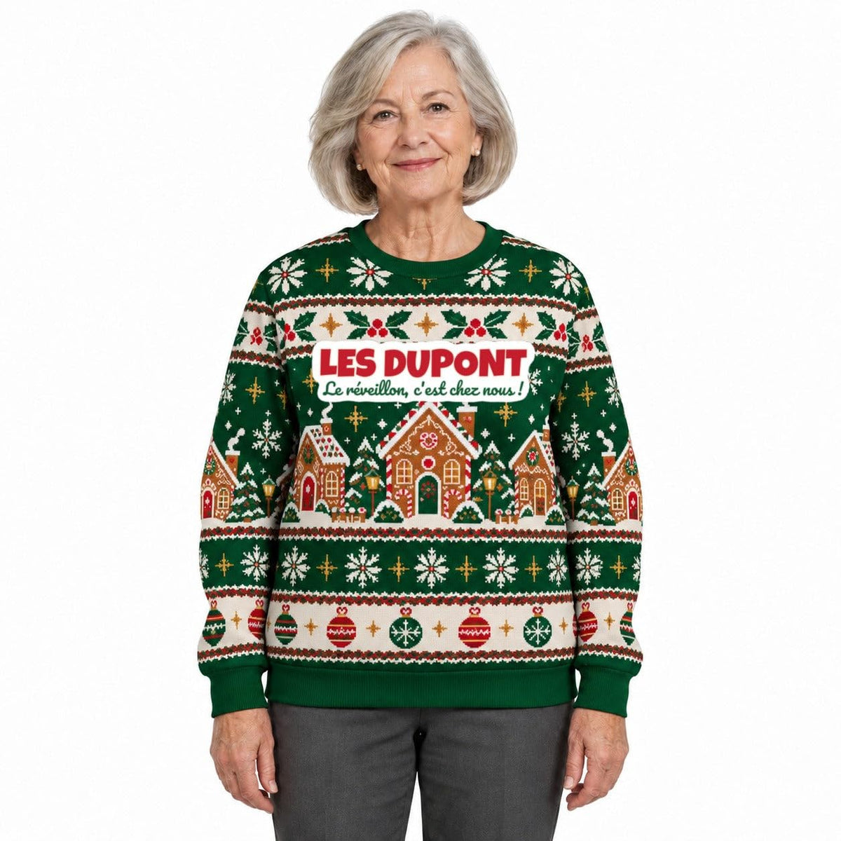 Sweat de Noël moche femme personnalisé, nom de famille, vert sapin