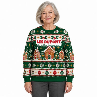 Sweat de Noël moche femme personnalisé, nom de famille, vert sapin