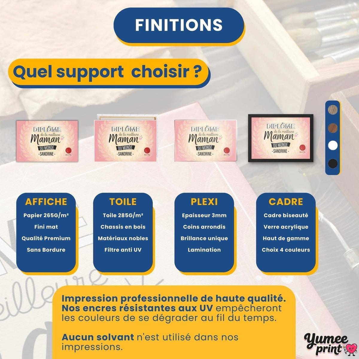 Diplôme « de la meilleure maman » en quatre finitions : affiche (poster), toile canvas, plexiglas ou cadre ; le cadre existe en noir, blanc, bois clair ou bois foncé, livré chez vous (exemple)