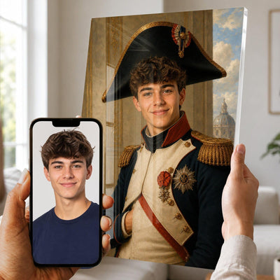 Portrait d'apparat en officier du Premier Empire sur plexiglas brillant : écharpe rouge et coupole au loin, votre visage gardé d'après votre photo, imprimé puis livré chez vous (exemple)