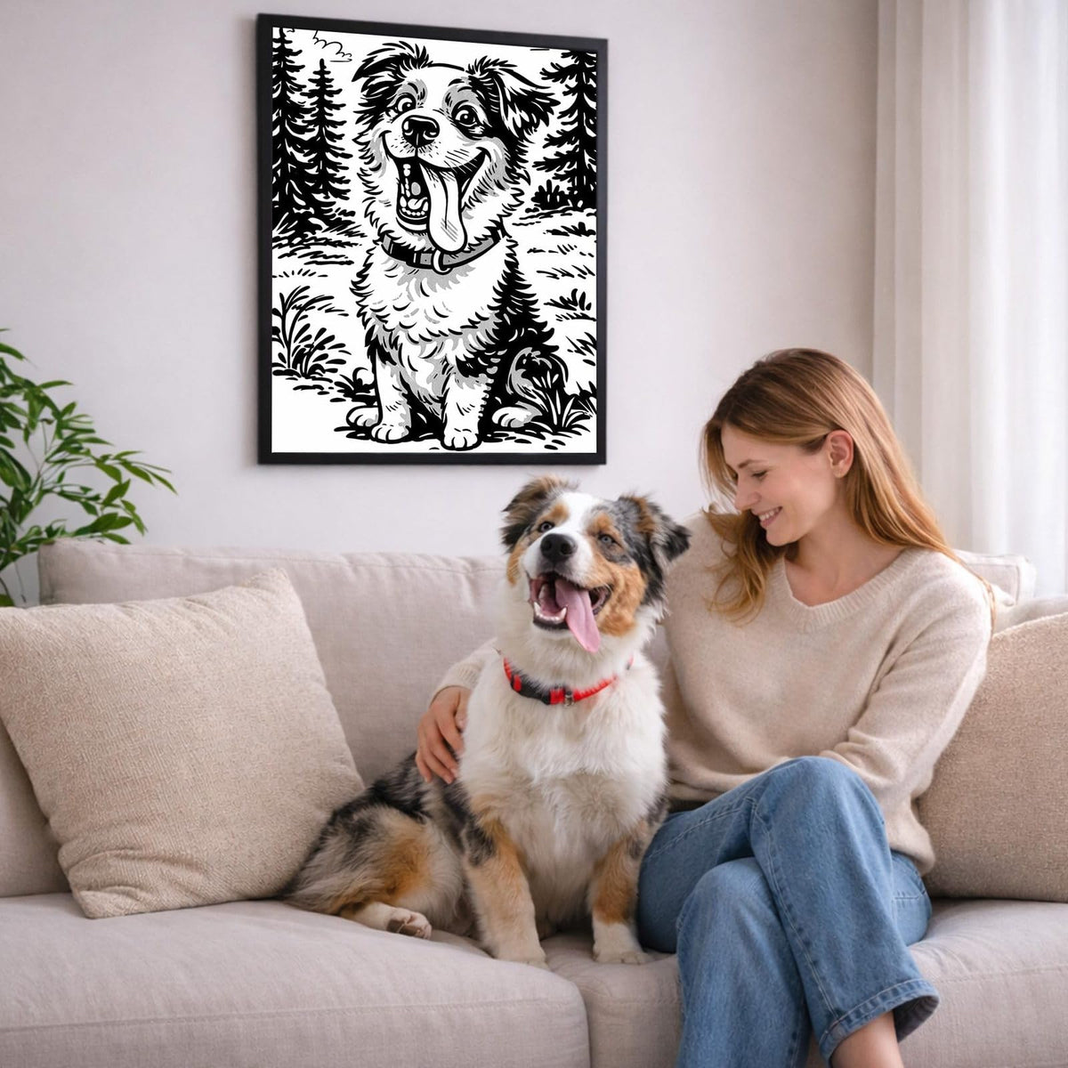 Portrait caricature noir et blanc de votre chien d'après sa photo, accroché au salon en cadre noir ; aussi en affiche (poster), toile canvas ou plexiglas, livré chez vous (exemple)