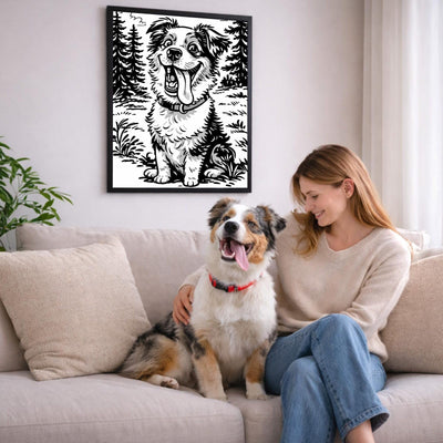 Portrait caricature noir et blanc de votre chien d'après sa photo, accroché au salon en cadre noir ; aussi en affiche (poster), toile canvas ou plexiglas, livré chez vous (exemple)