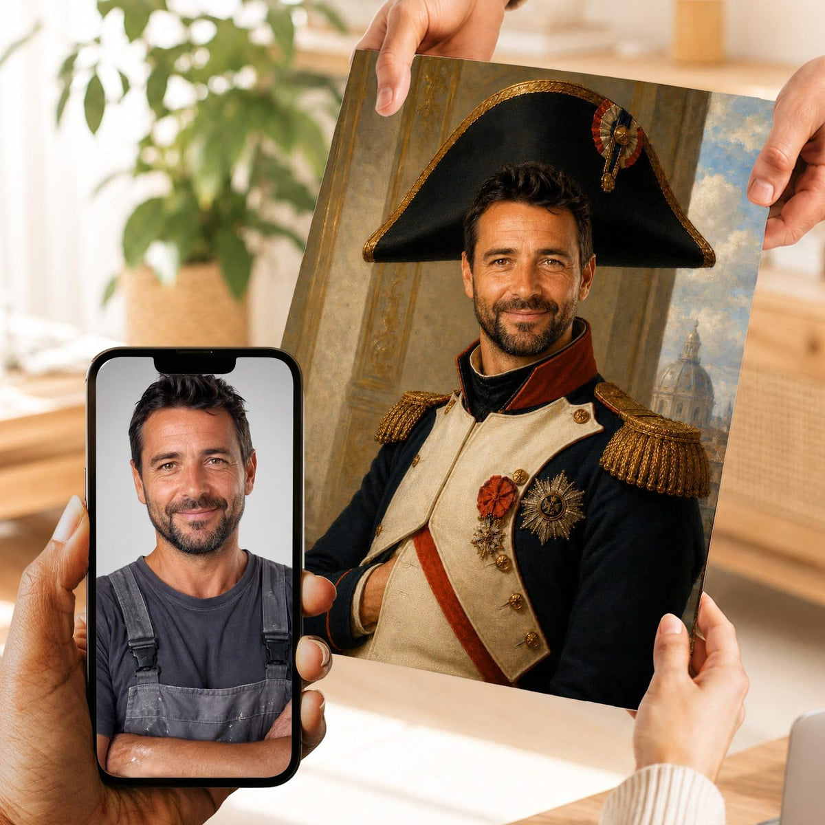 Création personnalisée : votre visage en officier du Premier Empire, bicorne à cocarde et épaulettes dorées, imprimée en affiche (poster), livrée chez vous ; photo d'origine sur le téléphone (exemple)