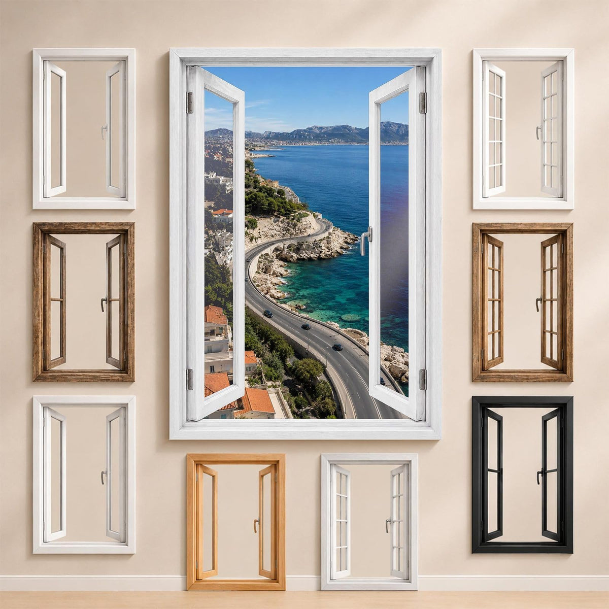 La vue sur la Corniche de Marseille et les styles de fenêtre proposés pour l'encadrer : bois, PVC blanc, alu noir ou sans fenêtre, imprimée sur toile ou plexiglas puis livrée (exemple)