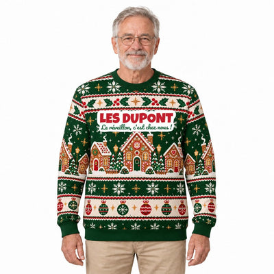 Sweat de Noël moche homme personnalisé, nom de famille, vert sapin