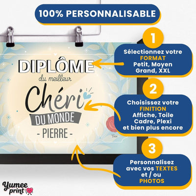 Personnalisez le diplôme « du meilleur chéri » en trois étapes : format, finition puis textes, avec son prénom et votre signature, imprimé et livré chez vous (exemple)