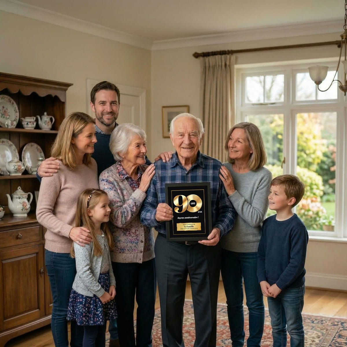 Exemple d'usage en famille : disque d'or des 90 ans en cadre noir, prénom sur le disque, signature comme « Ta famille » ou libre, livré chez vous (exemple)
