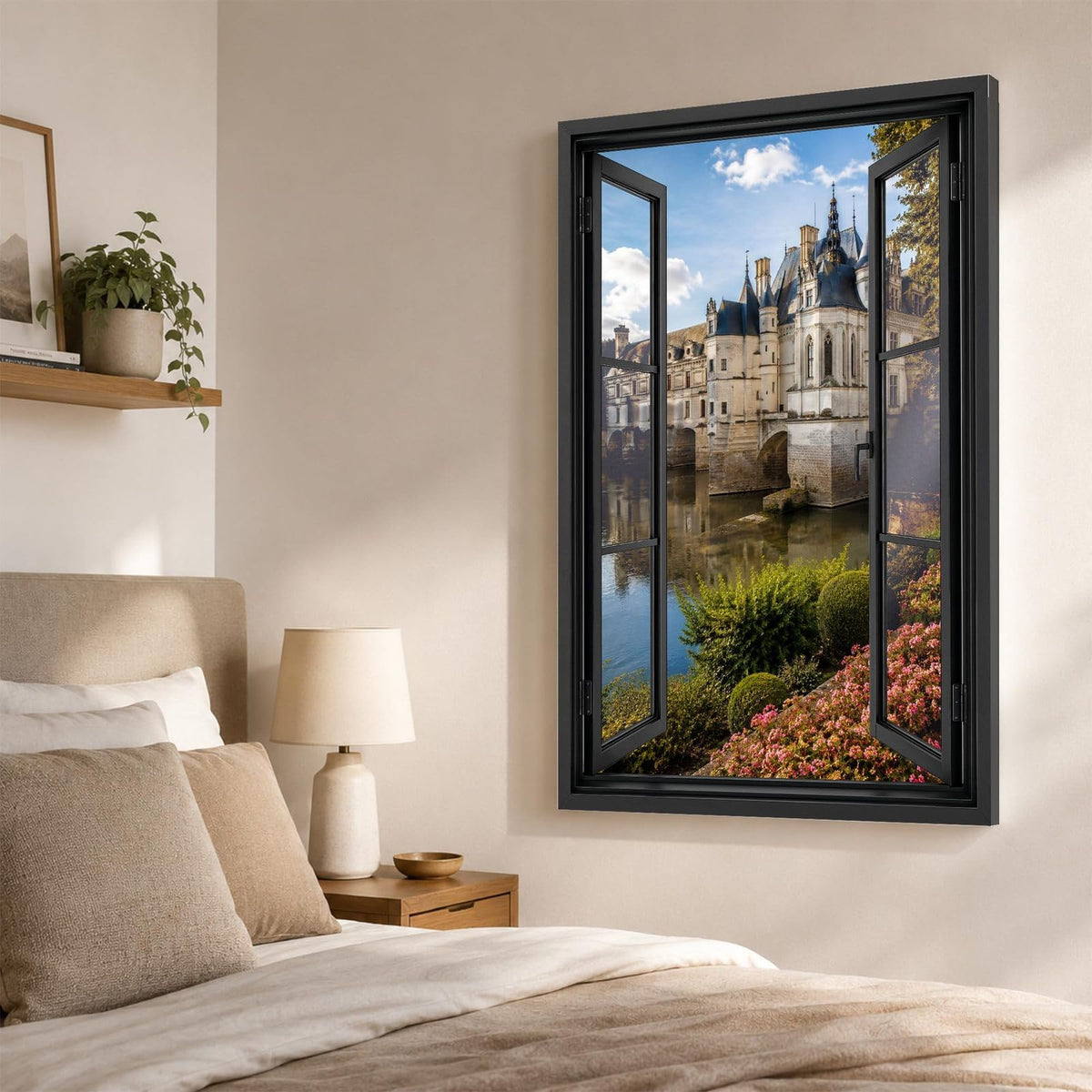 Trompe-l'œil châteaux de la Loire dans une chambre, château au bord de l'eau en perspective, sur toile canvas ou plexiglas en 60 x 40 cm, 80 x 60 cm ou 120 x 80 cm, livré chez vous (exemple)