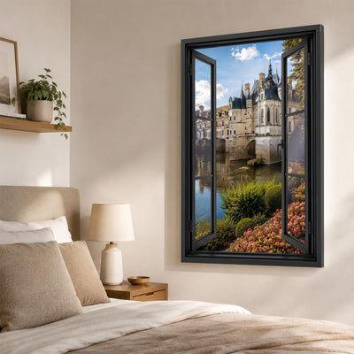 Trompe-l'œil châteaux de la Loire dans une chambre, château au bord de l'eau en perspective, sur toile canvas ou plexiglas en 60 x 40 cm, 80 x 60 cm ou 120 x 80 cm, livré chez vous (exemple)