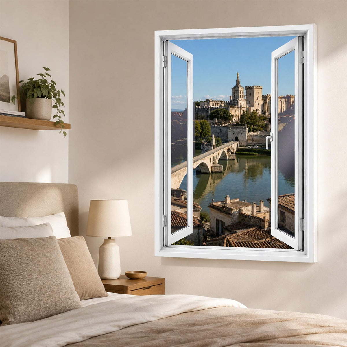 Trompe-l'œil sur Avignon dans une chambre, pont d'Avignon et palais des Papes en perspective, sur toile canvas ou plexiglas en 60 x 40 cm, 80 x 60 cm ou 120 x 80 cm, livré chez vous (exemple)
