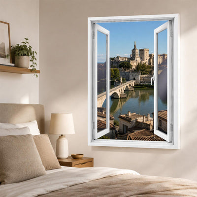 Trompe-l'œil sur Avignon dans une chambre, pont d'Avignon et palais des Papes en perspective, sur toile canvas ou plexiglas en 60 x 40 cm, 80 x 60 cm ou 120 x 80 cm, livré chez vous (exemple)
