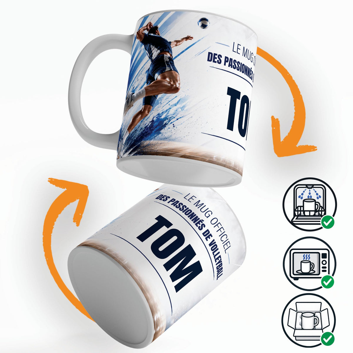 Mug volleyball vu sous deux angles, prénom et texte au choix ; compatible lave-vaisselle et micro-ondes, expédié calé dans une boîte en carton jusque chez vous (exemple)