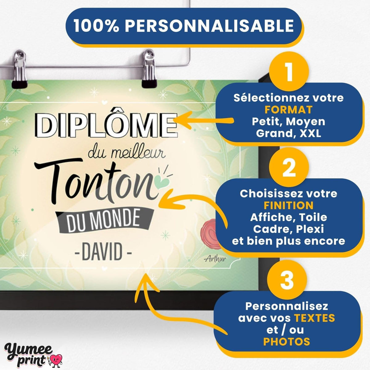 Personnalisez le diplôme « du meilleur tonton » en trois étapes : format, finition puis textes, avec son prénom et votre signature, imprimé et livré chez vous (exemple)