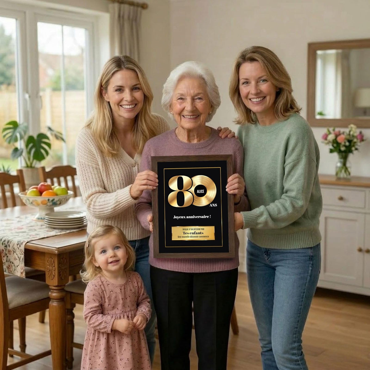 Exemple d'usage : le disque d'or des 80 ans en cadre bois foncé montré fièrement, avec prénom, signature et message de votre choix, livré chez vous (exemple)