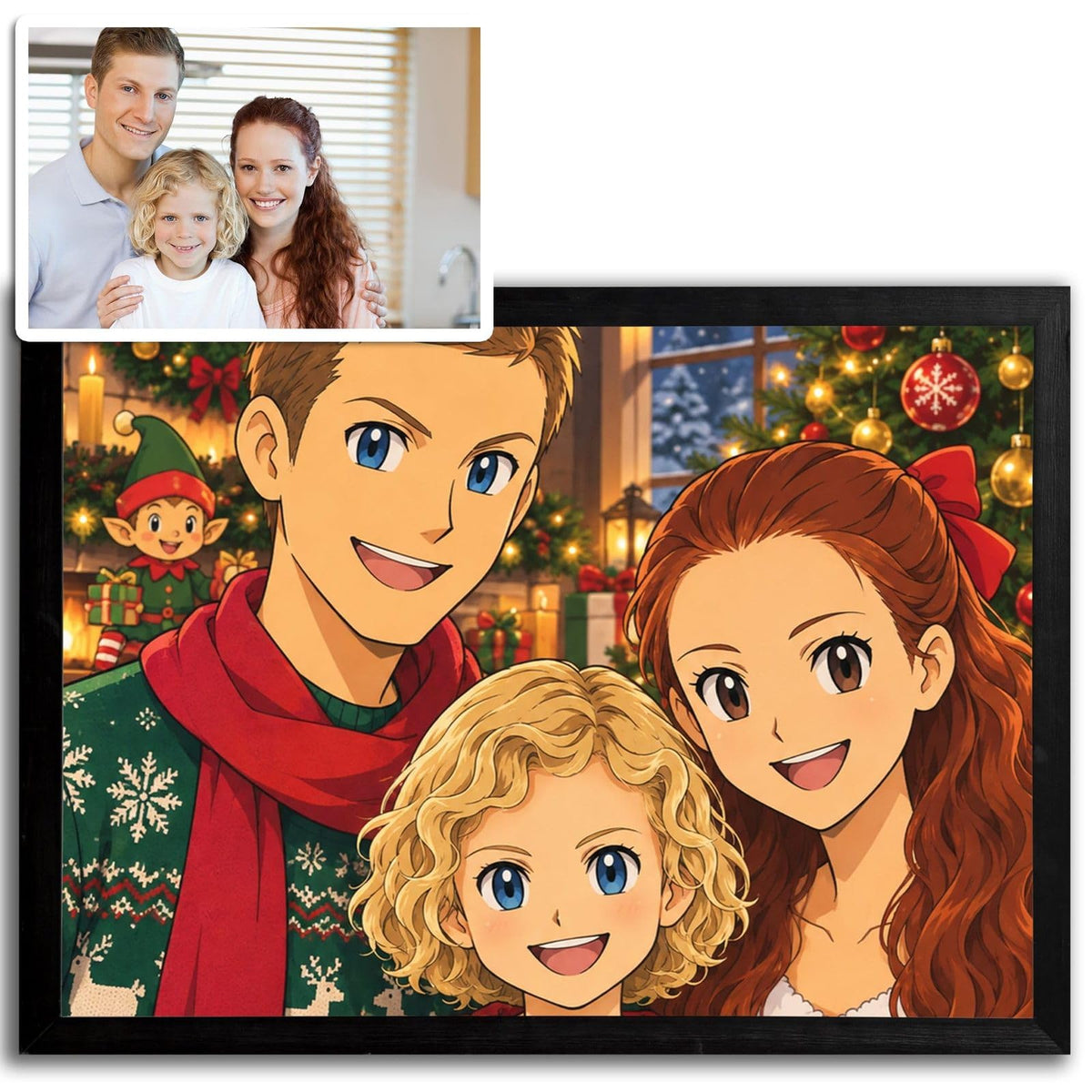 Avant et après : la photo d'origine en vignette puis sa version manga de Noël, pull à motifs, écharpe rouge et sapin décoré, encadrée de noir au format paysage, livrée chez vous (exemple)