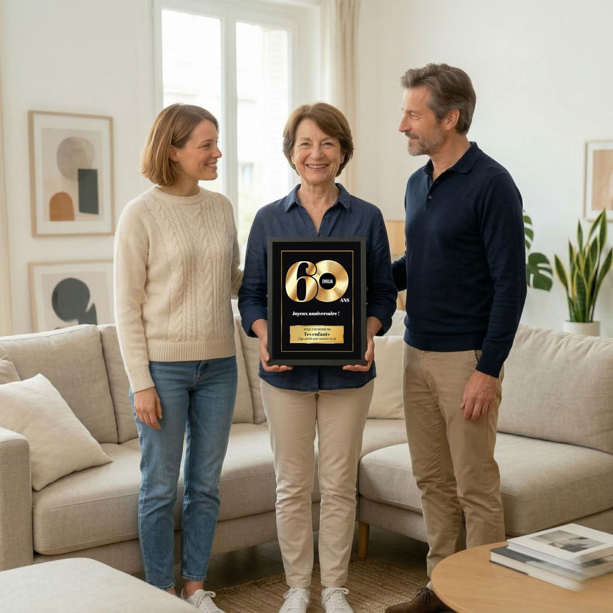 Exemple d'usage : le disque d'or des 60 ans en cadre noir montré fièrement, avec prénom, signature et message de votre choix, livré chez vous (exemple)