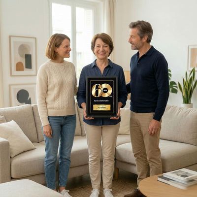 Exemple d'usage : le disque d'or des 60 ans en cadre noir montré fièrement, avec prénom, signature et message de votre choix, livré chez vous (exemple)