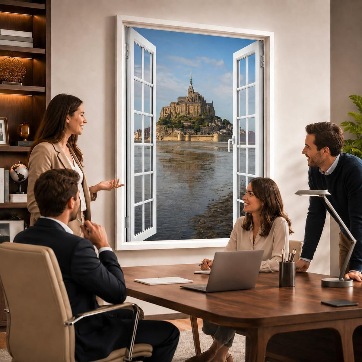 Idée d'usage dans un bureau : la vue sur le Mont-Saint-Michel ouvre le mur comme une vraie fenêtre, style de fenêtre au choix, toile canvas ou plexiglas, livré chez vous (exemple)