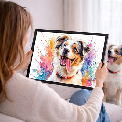 Votre photo devient un portrait éclats de couleurs en format paysage, ici en cadre noir tenu en main ; cadre noir, blanc, bois clair ou bois foncé au choix, livré chez vous (exemple)