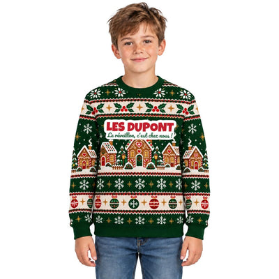 Sweat de Noël moche garçon personnalisé, nom de famille, vert sapin