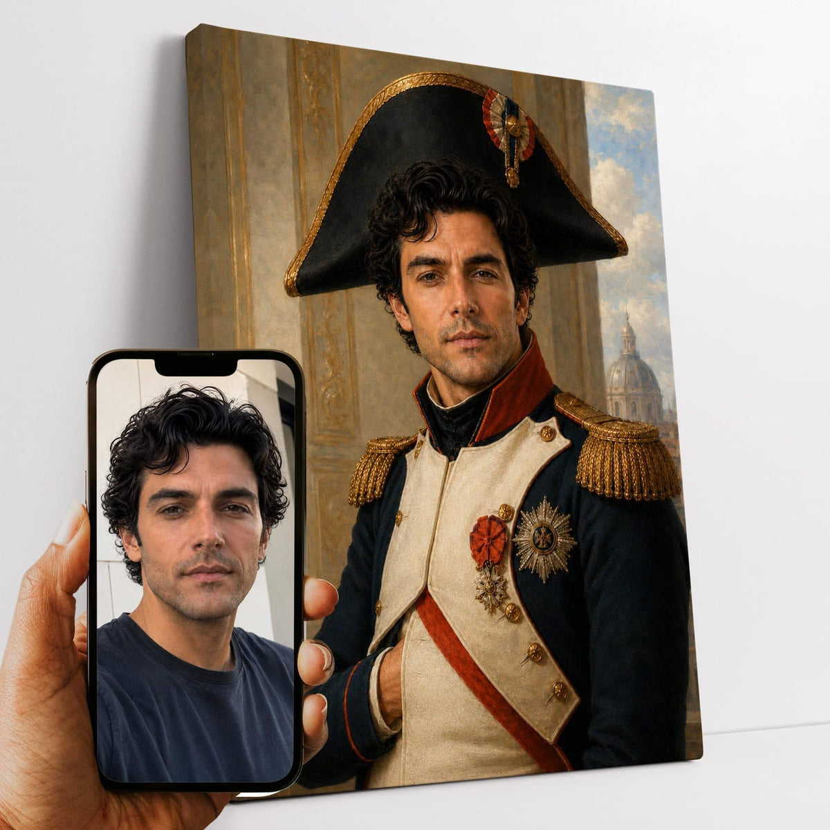 Portrait d'apparat d'après votre photo : votre visage en officier du Premier Empire, bicorne à cocarde et épaulettes dorées, façon peinture classique, sur toile canvas, livré chez vous (exemple)