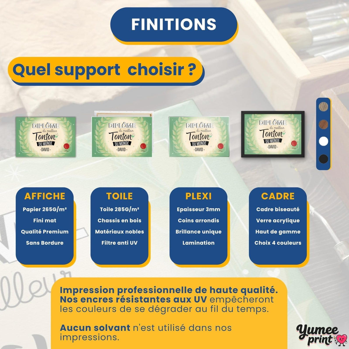 Diplôme « du meilleur tonton » en quatre finitions : affiche (poster), toile canvas, plexiglas ou cadre ; le cadre existe en noir, blanc, bois clair ou bois foncé, livré chez vous (exemple)