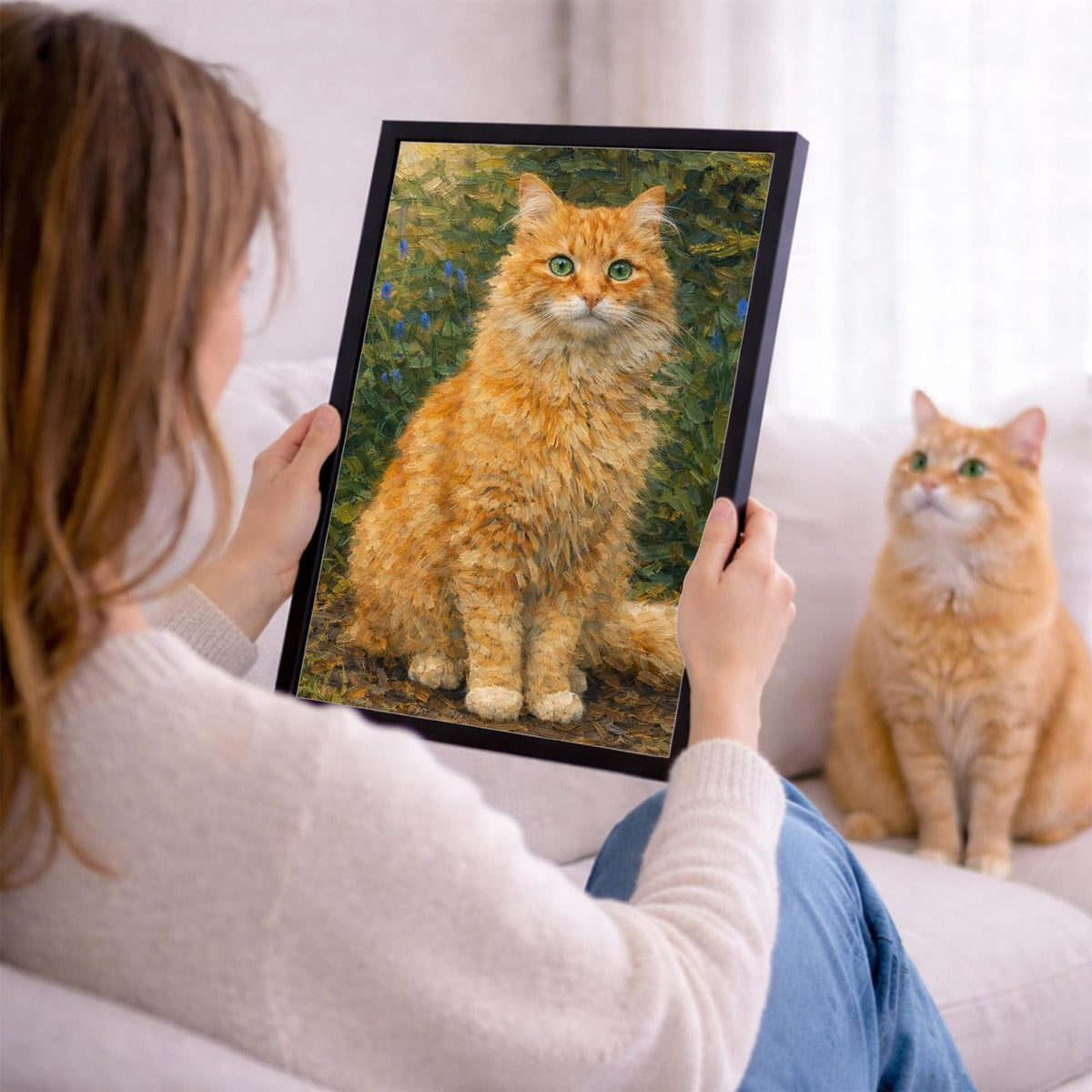 Votre photo devient un portrait façon peinture à l'huile, ici en cadre noir tenu en main ; cadre noir, blanc, bois clair ou bois foncé au choix, livré chez vous (exemple)