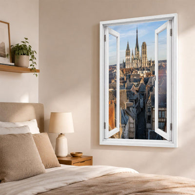 Trompe-l'œil sur Rouen dans une chambre, cathédrale et vieux Rouen en perspective, sur toile canvas ou plexiglas en 60 x 40 cm, 80 x 60 cm ou 120 x 80 cm, livré chez vous (exemple)