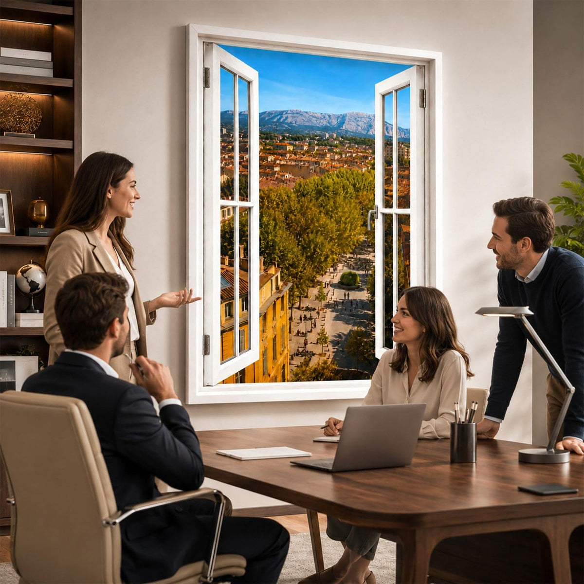 Idée d'usage dans un bureau : la vue sur Aix-en-Provence ouvre le mur comme une vraie fenêtre, style de fenêtre au choix, toile canvas ou plexiglas, livré chez vous (exemple)