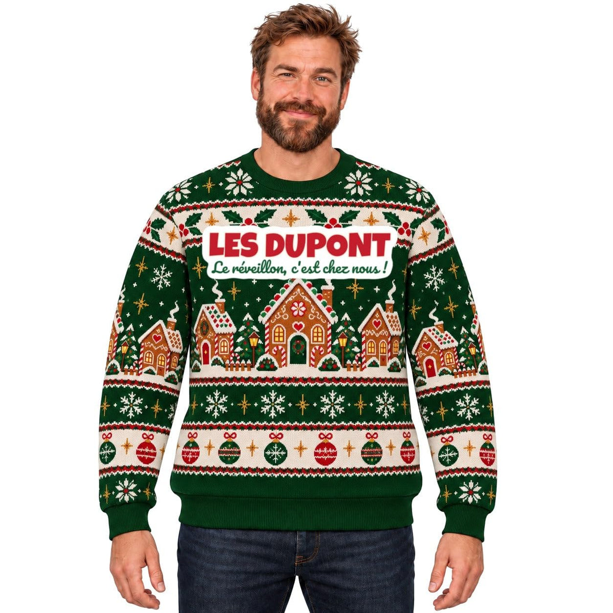 Sweat de Noël moche homme personnalisé, nom de famille, vert sapin