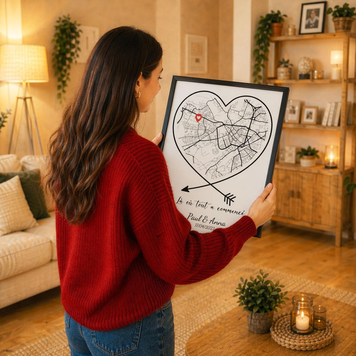 Carte en cœur sur fond blanc tenue en main dans son cadre noir ; le lieu de votre rencontre, la teinte de la carte, vos prénoms et votre date, imprimés puis livrés chez vous (exemple)
