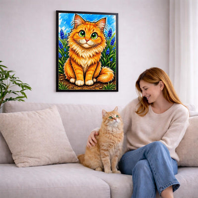Portrait caricature couleur de votre chat d'après sa photo, accroché au salon en cadre noir ; aussi en affiche (poster), toile canvas ou plexiglas, livré chez vous (exemple)