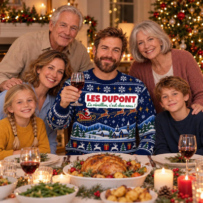 Sweat de Noël moche homme personnalisé, nom de famille, bleu marine