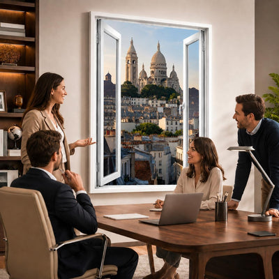 Idée d'usage dans un bureau : la vue sur Montmartre à Paris ouvre le mur comme une vraie fenêtre, style de fenêtre au choix, toile canvas ou plexiglas, livré chez vous (exemple)