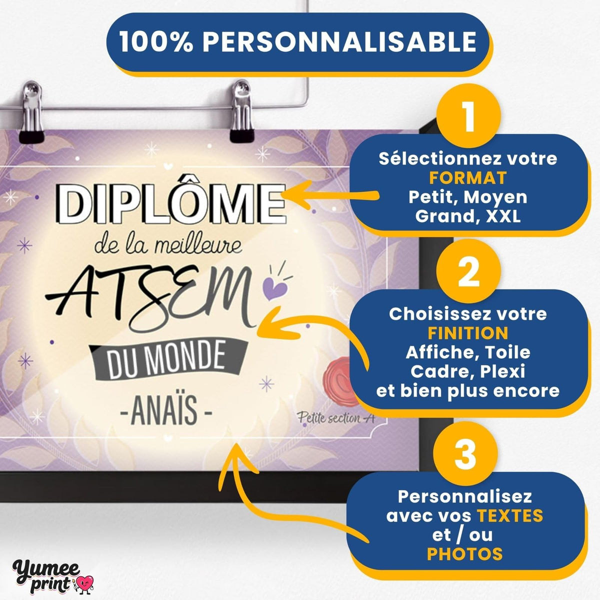 Personnalisez le diplôme « de la meilleure ATSEM » en trois étapes : format, finition puis textes, avec son prénom et votre signature, imprimé et livré chez vous (exemple)