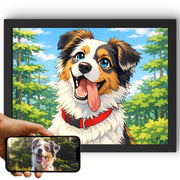 Création personnalisée : la photo de votre chien devient un portrait style manga en format paysage, grands yeux brillants, traits nets, imprimé en cadre noir et livré chez vous (exemple)