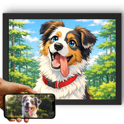 Création personnalisée : la photo de votre chien devient un portrait style manga en format paysage, grands yeux brillants, traits nets, imprimé en cadre noir et livré chez vous (exemple)