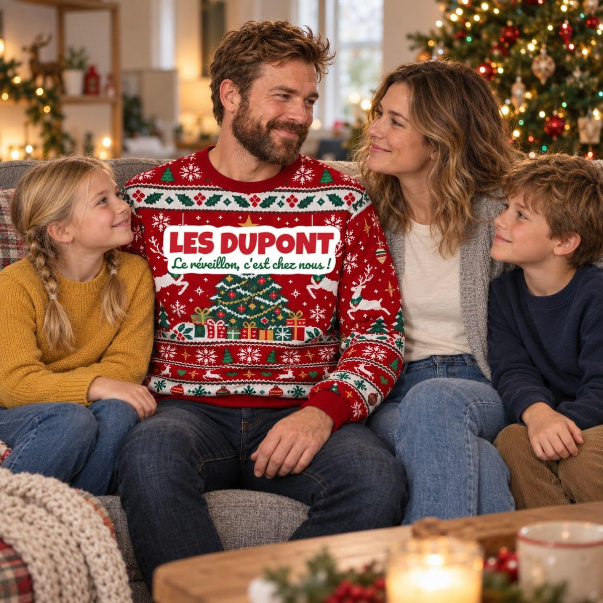 Sweat de Noël moche homme personnalisé, nom de famille, rouge
