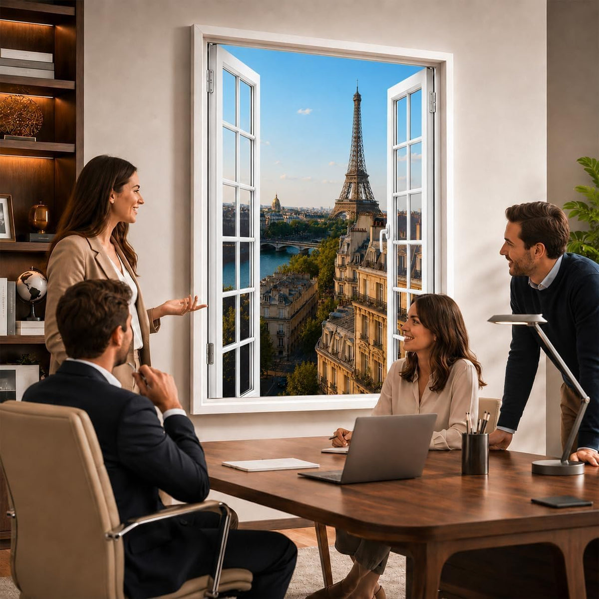 Idée d'usage dans un bureau : la vue sur la tour Eiffel à Paris ouvre le mur comme une vraie fenêtre, style de fenêtre au choix, toile canvas ou plexiglas, livré chez vous (exemple)