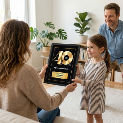 Exemple d'usage : un disque d'or des 40 ans en cadre noir offert en cadeau d'anniversaire, avec prénom et « décerné par » au choix, livré chez vous (exemple)