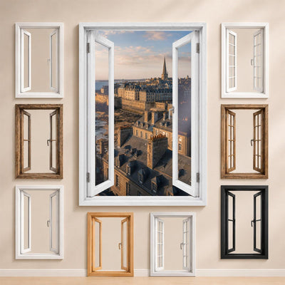 La vue sur Saint-Malo et les styles de fenêtre proposés pour l'encadrer : bois, PVC blanc, alu noir ou sans fenêtre, imprimée sur toile ou plexiglas puis livrée (exemple)