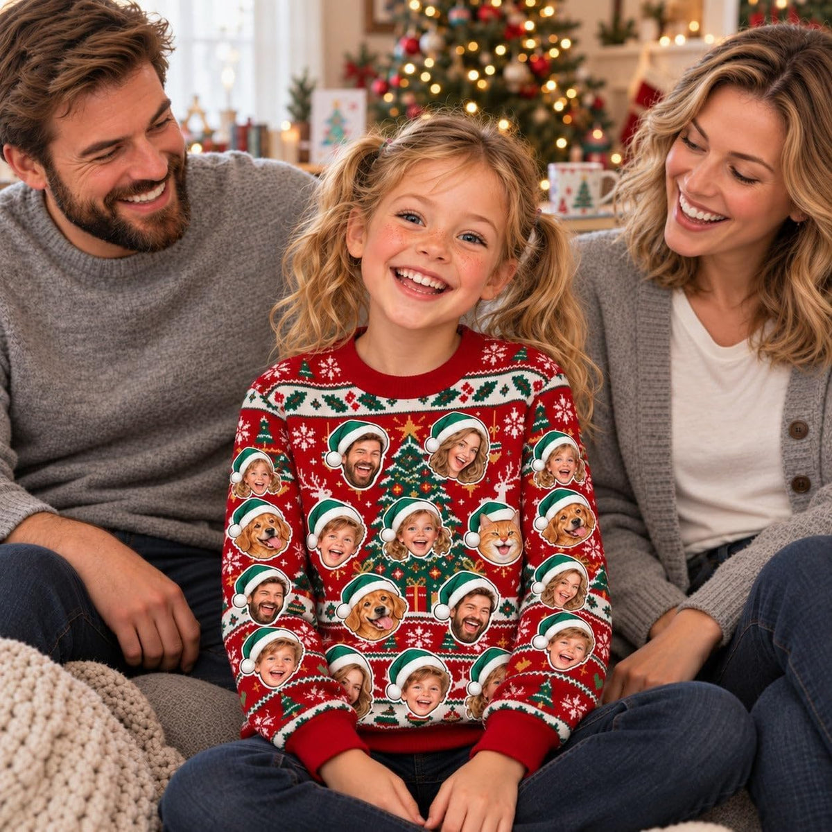 Sweat de Noël enfant rouge à visages porté au salon pendant les fêtes, un exemple d'usage : de 1 à 8 visages, une photo par personne ou animal, livré chez vous (exemple)