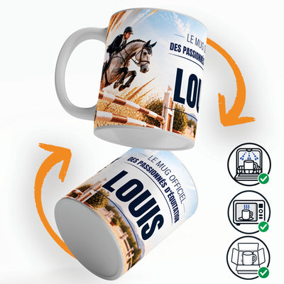 Mug équitation personnalisé qui tourne sur lui-même, avec trois pictogrammes : lave-vaisselle, micro-ondes et mug calé dans son emballage pour la livraison chez vous (exemple)