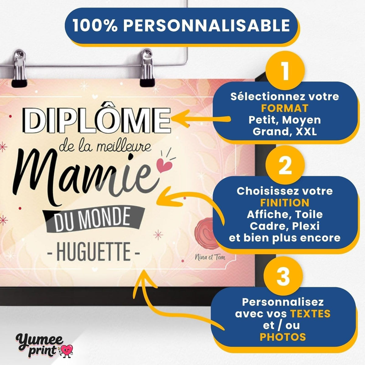 Personnalisez le diplôme « de la meilleure mamie » en trois étapes : format, finition puis textes, avec son prénom et votre signature, imprimé et livré chez vous (exemple)