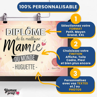Personnalisez le diplôme « de la meilleure mamie » en trois étapes : format, finition puis textes, avec son prénom et votre signature, imprimé et livré chez vous (exemple)