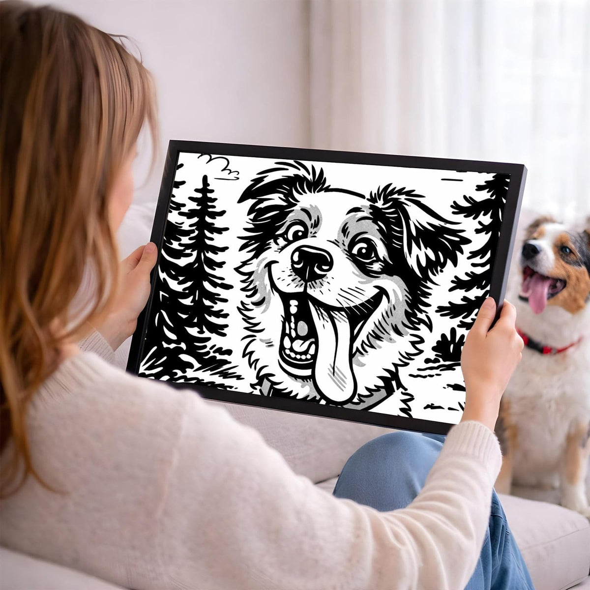Votre photo devient un portrait caricature noir et blanc en format paysage, ici en cadre noir tenu en main ; cadre noir, blanc, bois clair ou bois foncé au choix, livré chez vous (exemple)