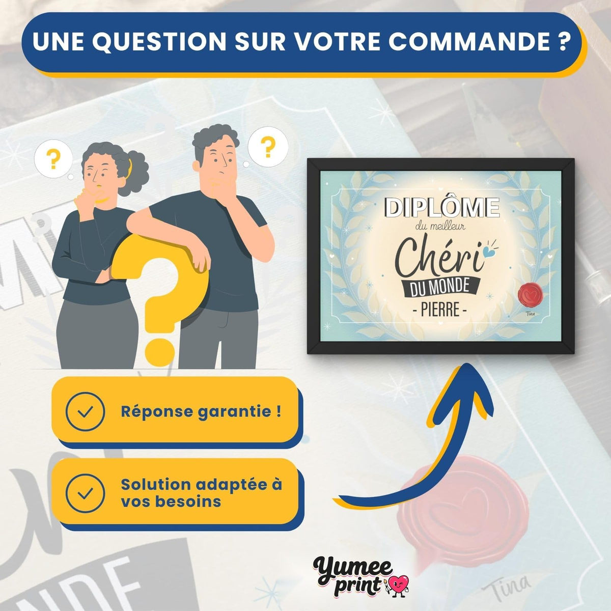 Une question sur votre diplôme « du meilleur chéri » ? Notre service client vous répond par message avec une solution garantie, adaptée à vos besoins