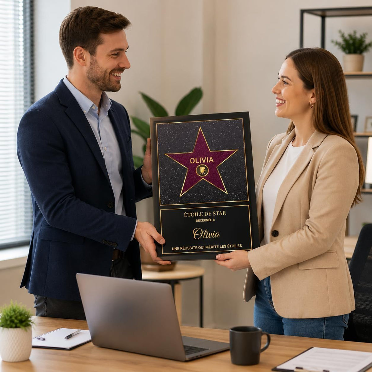 Exemple d'usage au bureau : l'étoile rose pailletée façon Walk of Fame en cadre noir pour saluer une réussite, prénom et message personnalisés, imprimée et livrée chez vous (exemple)
