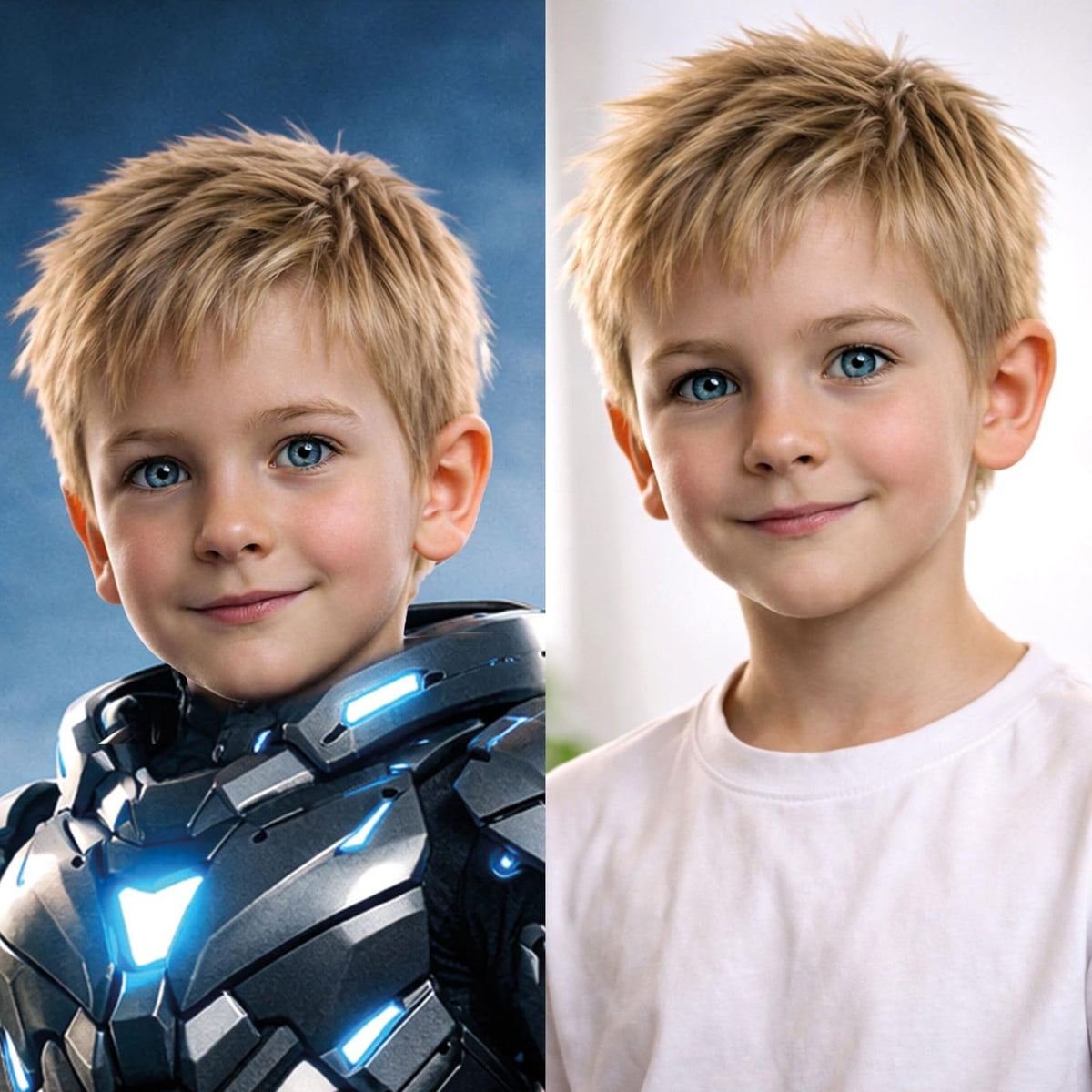 Avant, après côte à côte : la photo de votre enfant et sa version héros high-tech, son visage gardé, armure aux lumières bleues ; imprimée puis livrée chez vous (exemple)